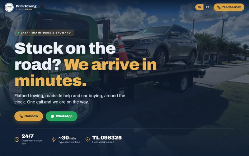 Página web de Prim Towing LLC (Grúas 24/7 · Miami)